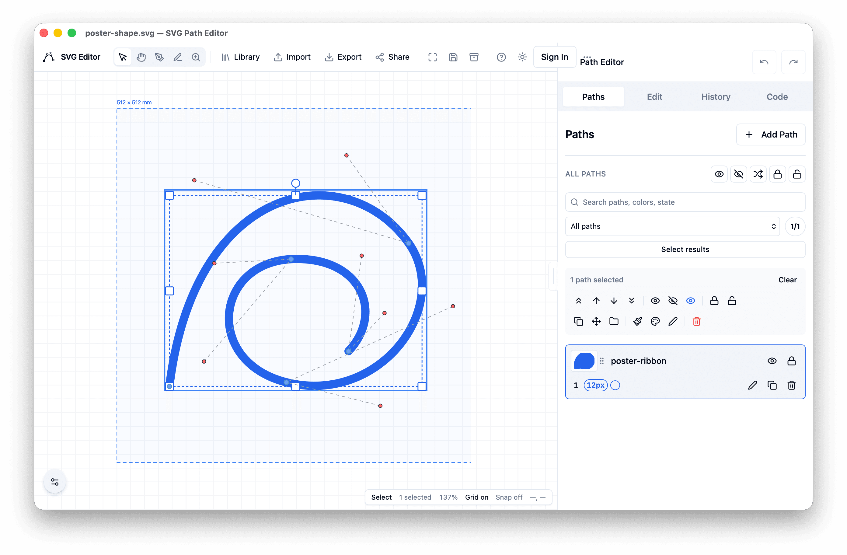 The real Subpath macOS app with poster-shape.svg selected on the canvas